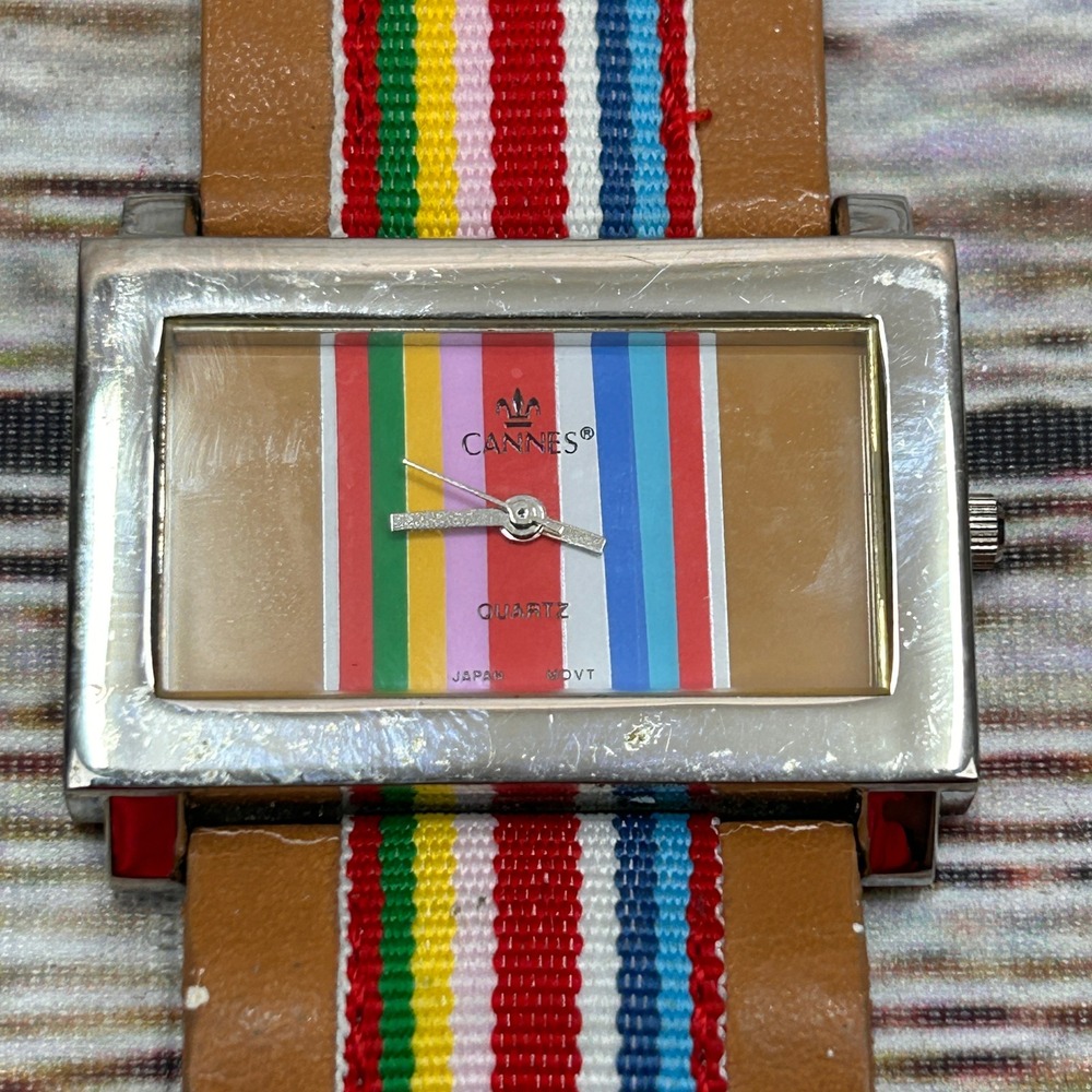 Cannes Quartz Watch Rectangle Silver Tone Rainbow Striped Dial Tan Strap‎ Tested
